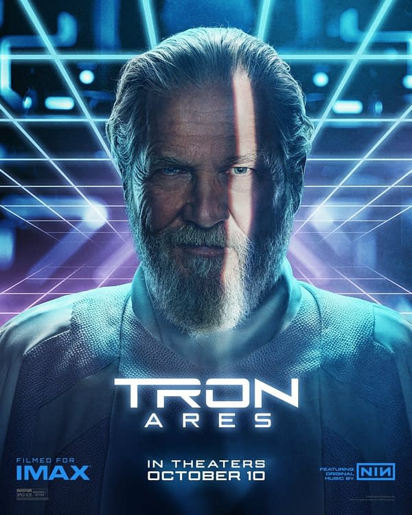 A promotional illustration for the movie 'TRON: Ares,' featuring a man with a beard and serious expression, set against a digital grid background. The image includes the film's title, release date, and mentions being filmed for IMAX.