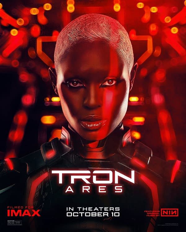 This illustration for 'TRON: Ares' features a character with a closely cropped, silver hairstyle and striking eyes, set against a vibrant red and dark background with neon elements. The text prominently displays 'TRON ARES' and information about the film's release on October 10.