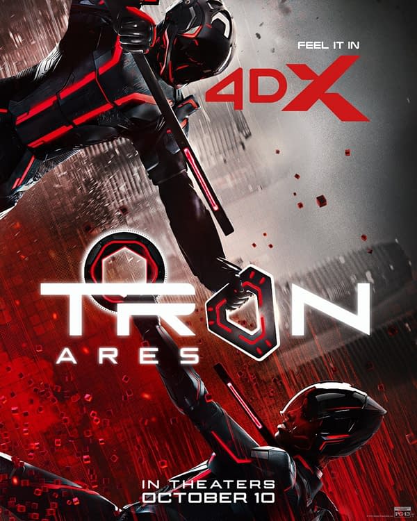 A promotional illustration for 'TRON: Ares' featuring two futuristic figures in sleek black and red outfits engaged in combat, with the title 'TRON ARES' prominently displayed. The background is vibrant with digital patterns and textures, and the text includes a release date for theater showings.