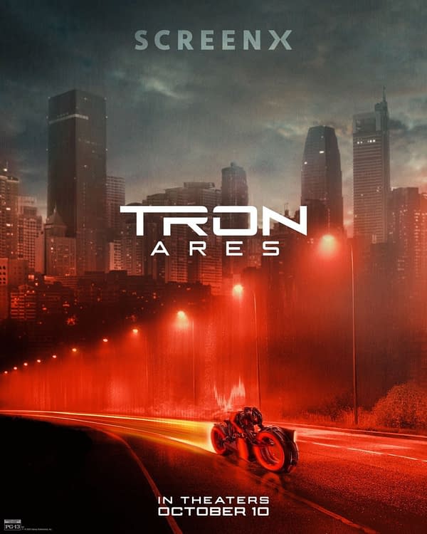 A dramatic movie poster for 'TRON: Ares' featuring a futuristic motorcycle racing down a glowing red highway against a backdrop of a city skyline. The text prominently displays 'TRON ARES' and the release date 'IN THEATERS OCTOBER 10.'