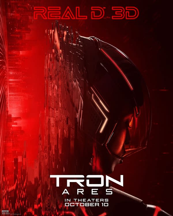 A promotional illustration for 'TRON: Ares' featuring a futuristic character in profile, wearing a helmet with glowing accents. The background is a vivid red with abstract digital patterns, and text announces the film's release date of October 10.