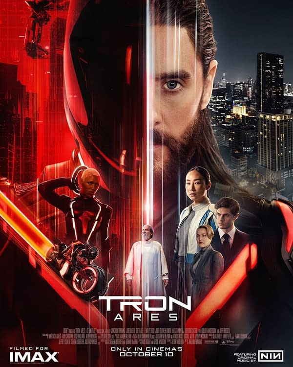 Promotional poster for 'TRON: Ares,' featuring key characters including a figure in a sleek black helmet, a robotic figure, and three human characters in futuristic attire, with a vibrant red and black color scheme and skyline backdrop. The release date is highlighted as October 10.