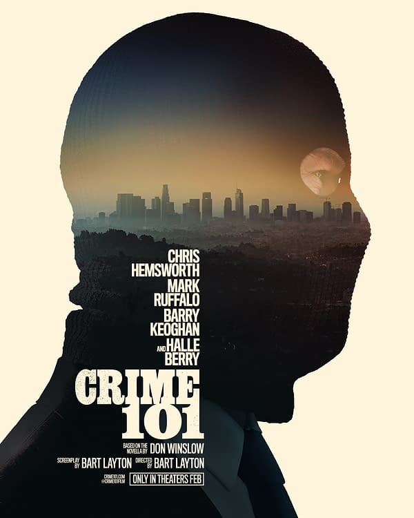A dramatic film poster for 'Crime 101,' featuring a silhouette of a man's head filled with a cityscape and a sunset. The poster lists the main cast and crew, including Chris Hemsworth and Halle Berry, along with the film's title prominently displayed.