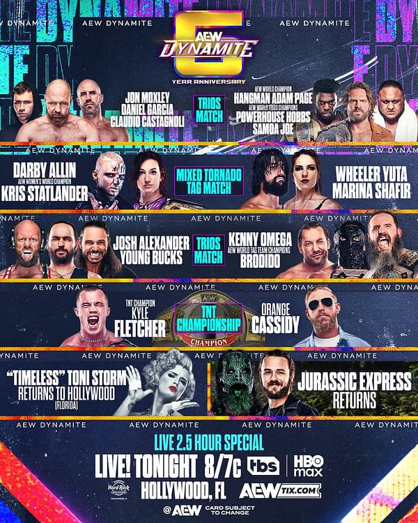 A vibrant promotional poster for the six-year anniversary of AEW Dynamite, featuring various professional wrestlers and event details, including match types such as Trios and Mixed Tornado Tag. The poster highlights the event's date and time, and the TNT Championship.