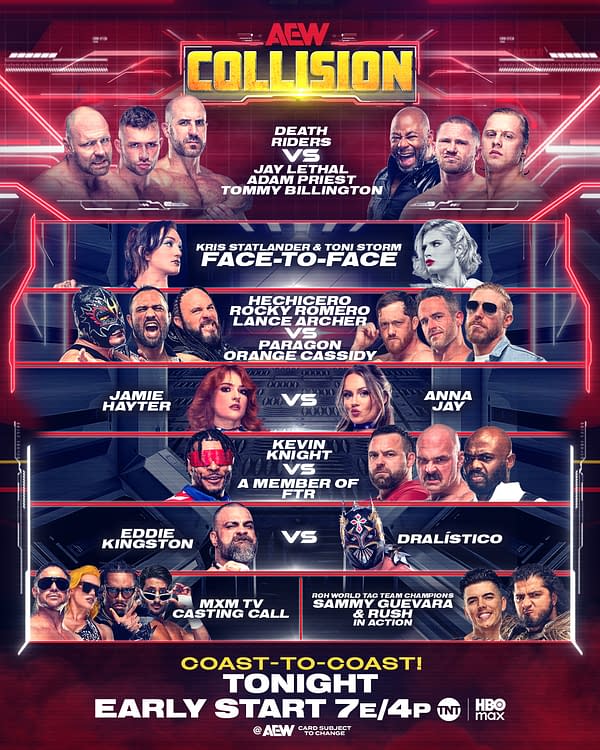A promotional graphic for AEW Collision featuring several wrestlers' images and names. The design includes a bold logo and match details set against a futuristic background.