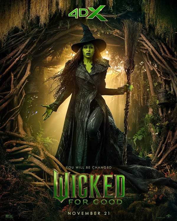 A promotional poster for 'Wicked: For Good' featuring a green-skinned witch in a black cloak and pointed hat, holding a broom, set against a mystical forest background. The text includes 'Wicked For Good' prominently displayed at the bottom with a release date of November 21.