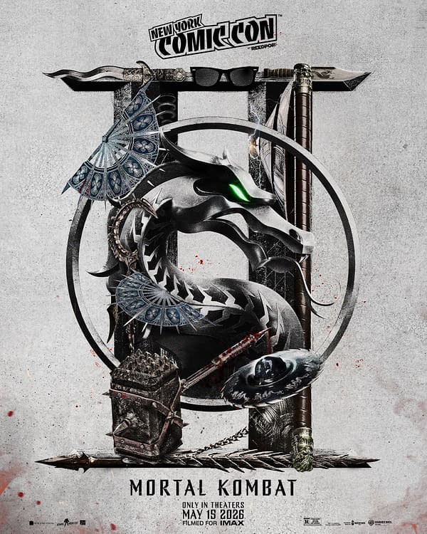 A promotional poster for Mortal Kombat featuring a stylized dragon with glowing green eyes, surrounded by weapons and traditional elements, set against a textured background. The poster includes text indicating its theatrical release date, May 15, 2026, and branding for New York Comic Con.