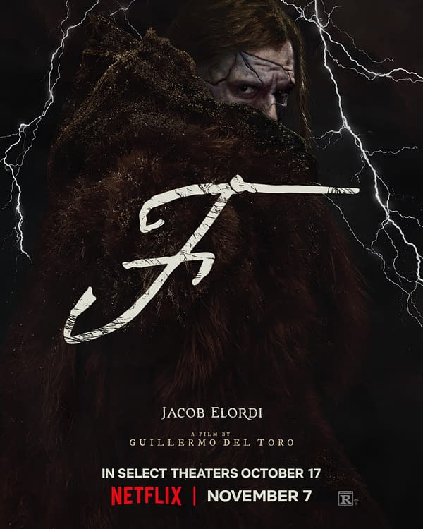 A dark film poster featuring a character with long hair and a haunted expression, dressed in a fur cloak. The title 'F' is artistically styled, and the text includes the names Jacob Elordi and Guillermo del Toro, along with release dates for theaters and Netflix.