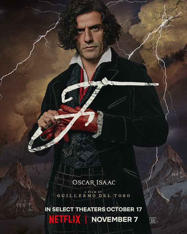 A promotional poster for a film directed by Guillermo del Toro, featuring Oscar Isaac in a dramatic pose, dressed in a stylish black coat with red gloves. The background shows stormy skies and mountains, highlighting a dark and intense atmosphere.