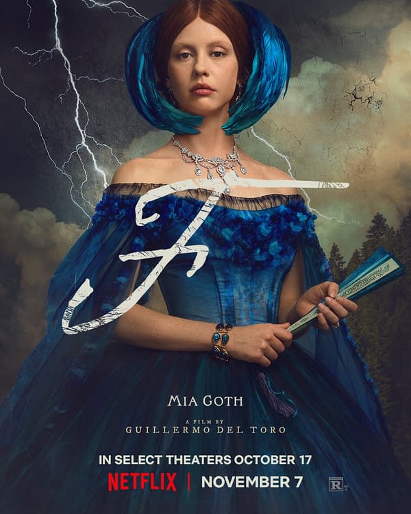 A dramatic promotional illustration for the film 'G' featuring actress Mia Goth in a striking blue gown with blue accents, displaying an elegant pose. The background features a stormy sky with lightning, enhancing the film's atmospheric tension.