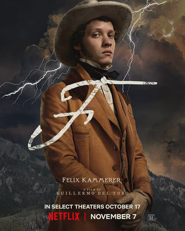 A promotional poster for a film titled 'G3JdQa3XEAAVy-w,' featuring actor Felix Kammerer dressed in a vintage-style outfit with a large hat. The background includes dark clouds and lightning, emphasizing a dramatic atmosphere, and includes text highlighting its release dates on Netflix.