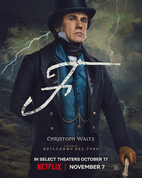 A promotional illustration for the film featuring Christoph Waltz in period attire, standing against a stormy backdrop with lightning. The movie title is artistically integrated into the design, along with release date details.