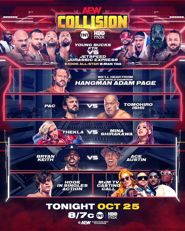 A promotional poster for AEW Collision featuring multiple wrestlers in action poses, with match announcements and event details. The poster highlights the date, combatants, and broadcast information.
