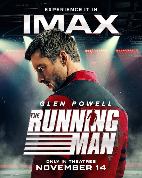 Promotional poster for the movie 'The Running Man' featuring a man in a red jacket, looking thoughtfully over his shoulder. The text highlights the release date of November 14 and mentions IMAX.