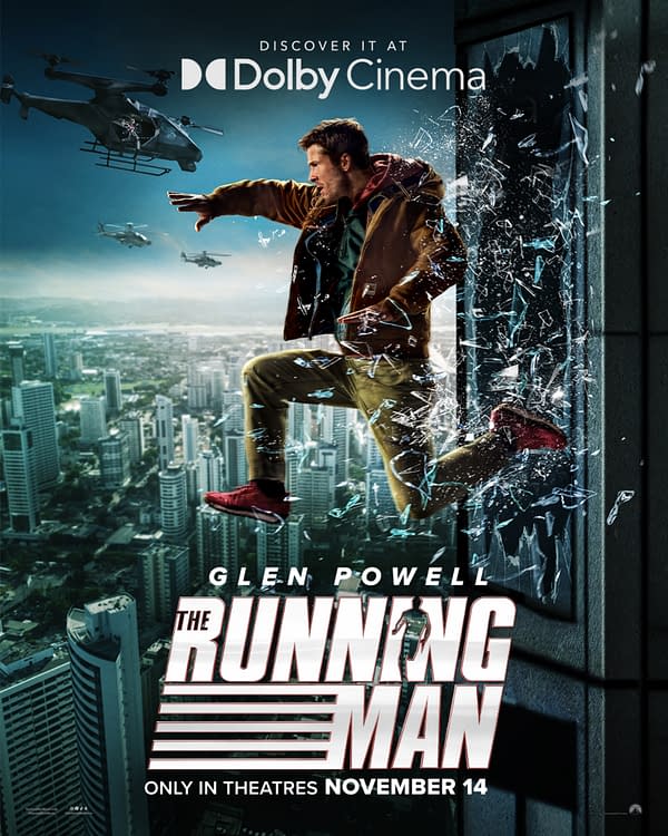 A promotional poster for 'The Running Man' featuring Glen Powell as he leaps through a shattered window against a city skyline backdrop, with helicopters flying above, emphasizing action and intensity.
