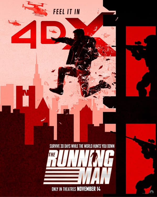 A bold illustration for 'The Running Man' featuring a figure jumping through a shattered glass effect, set against a city skyline. The design highlights elements of action and suspense, with helicopters in the background and the movie's release date prominently displayed.