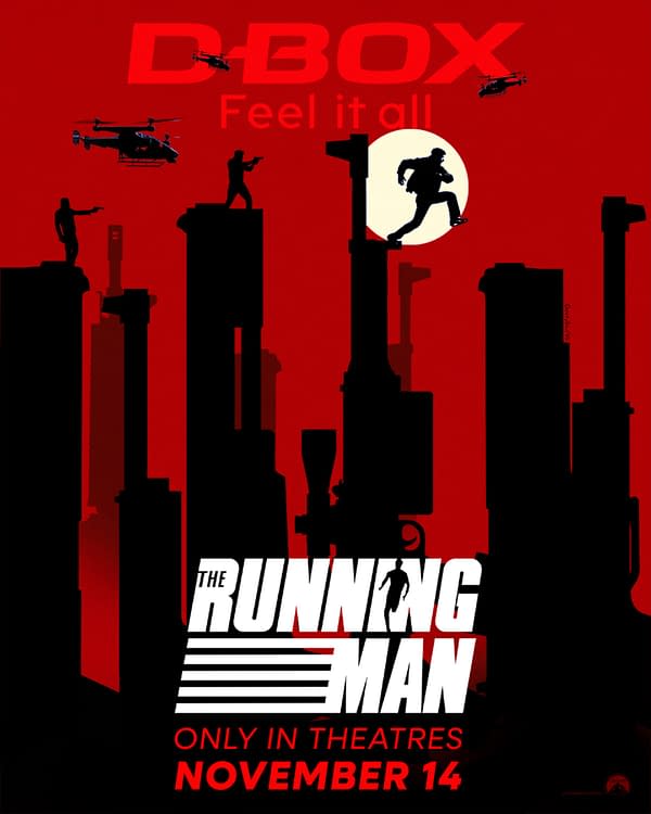 A digital illustration featuring silhouettes of a running figure, armed characters, and helicopters against a red background with a large moon. The text prominently displays "THE RUNNING MAN" and promotional details for a theatrical release.