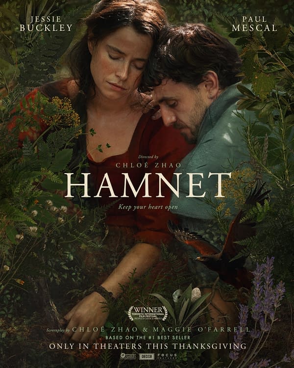 The official poster for the film 'Hamnet,' directed by Chloé Zhao, features a dramatic and emotional scene with two characters, portrayed by Jessie Buckley and Paul Mescal, surrounded by lush greenery and symbolic elements. The text includes 'Keep your heart open' and notes the film is based on a bestseller, with a release slated for Thanksgiving.