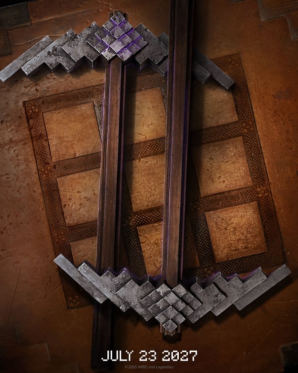 A stylized emblem featuring metallic and wooden textures, resembling tools or elements from the game Minecraft, with the date "JULY 23 2027" prominently displayed at the bottom. This image is associated with the announcement of a sequel movie for Minecraft.