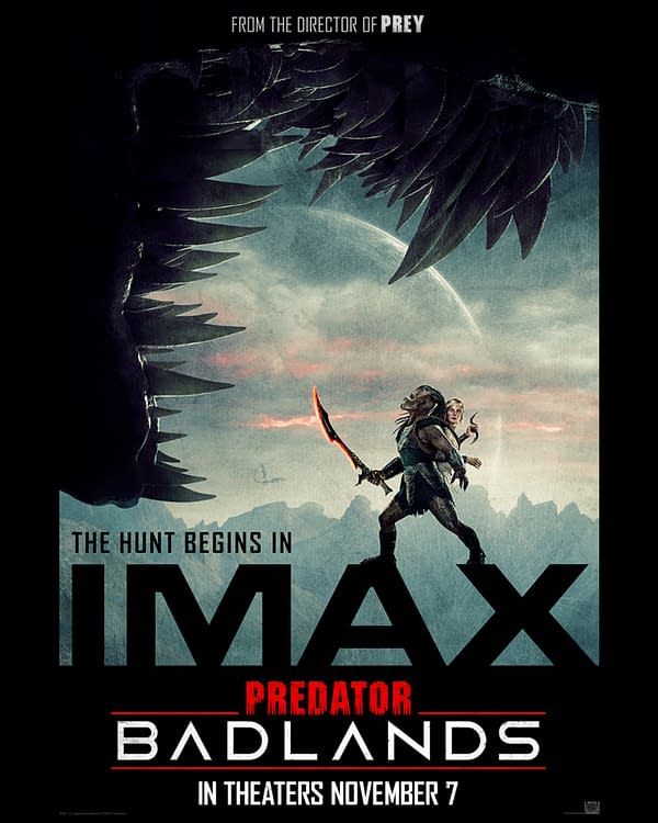 A movie poster for 'Predator: Badlands,' featuring a warrior holding a spear, set against a dramatic landscape with ominous shadows. The text highlights the release in IMAX on November 7.
