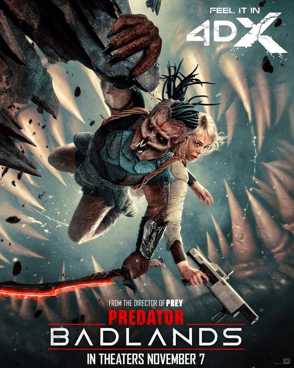 A dramatic illustration from 'Predator: Badlands' featuring a fierce alien creature and a woman in a futuristic outfit, both in a dynamic pose amidst a hostile environment. The title 'PREDATOR BADLANDS' is prominently displayed, indicating a cinematic release in theaters.