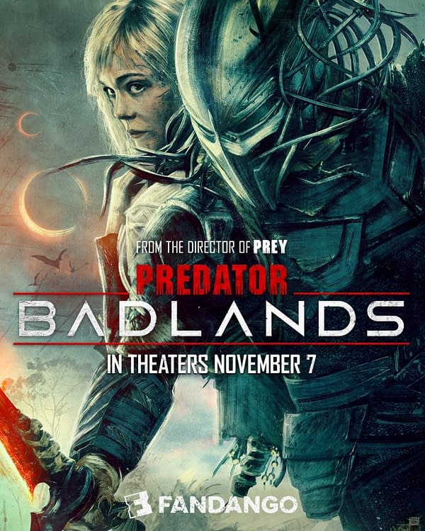 A dramatic movie poster for 'Predator: Badlands,' featuring a battle-ready character with a stylized weapon, set against a dark, atmospheric background. The text highlights the movie's release date, November 7, and credits the director of 'Prey.'