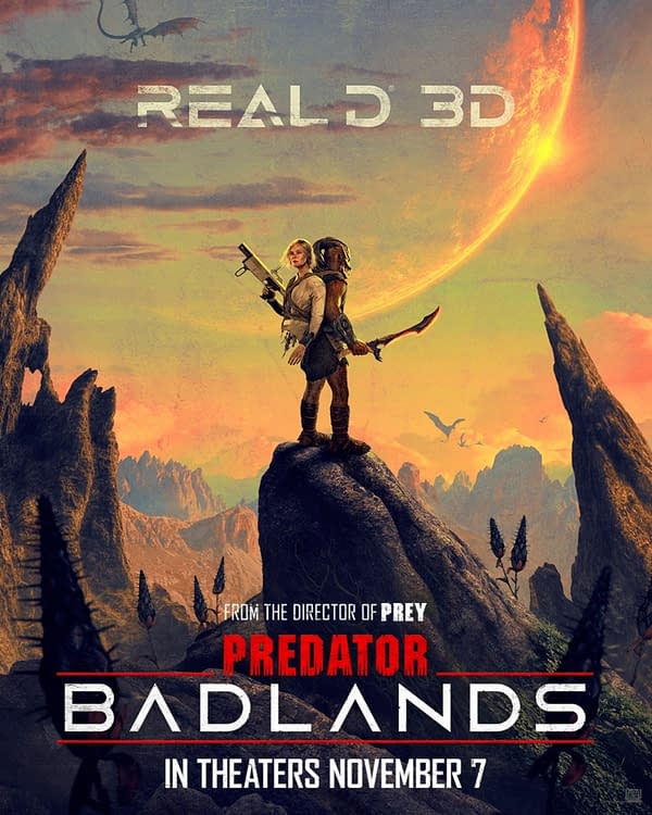 A promotional illustration for 'Predator: Badlands' featuring two characters on a rocky outcrop, with a large planet and intricate landscapes in the background. The release date is noted as November 7.