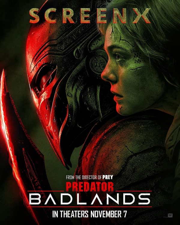A promotional illustration for "Predator: Badlands," featuring a fierce character with green skin and scars, facing a menacing red and black Predator mask. The text emphasizes the film's release date, November 7, and notes it's from the director of "Prey."