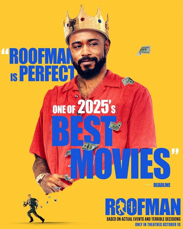 A promotional poster for the movie 'Roofman', featuring a man wearing a gold crown and a red shirt, surrounded by floating dollar bills. The background is bright yellow, and the text highlights critical acclaim, labeling the film as one of 2025's best.