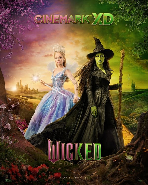 A colorful illustration promoting the 'Wicked: For Good' production, featuring two main characters: a fairy in a sparkling blue gown and a witch in a dark gown, with a fantastical background of a vibrant landscape and castles. The text 'Wicked For Good' and 'Cinemark XD' is prominently displayed.