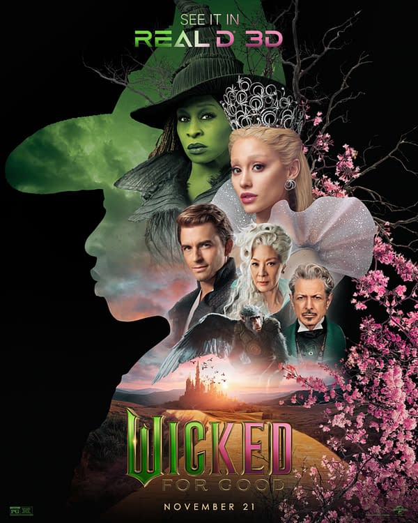 A promotional poster for the film 'Wicked: For Good,' featuring iconic characters including a green witch and a princess against a vibrant background with fantasy elements. The title 'WICKED FOR GOOD' is prominently displayed at the bottom, along with the release date, November 21.