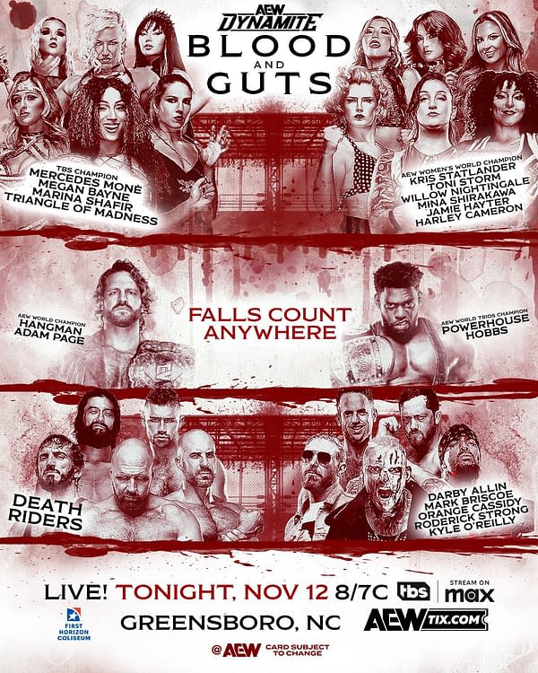 Promotional poster for AEW Blood and Guts featuring various wrestling stars, highlighting the upcoming matches and events. Key elements include the title 'Blood and Guts,' date, and location details.