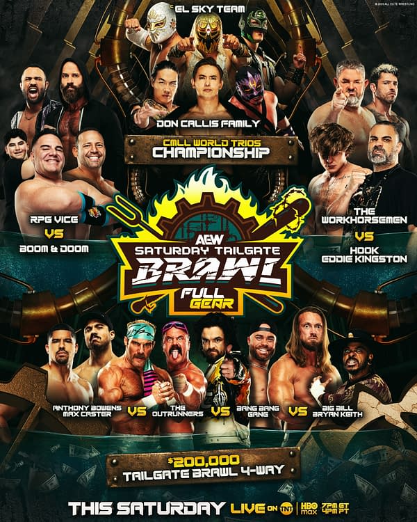 A vibrant wrestling event poster featuring multiple wrestlers in dynamic poses, announcing the AEW Full Gear pay-per-view. The design includes logos and text highlighting key matches, with a colorful background that emphasizes the excitement of the event.