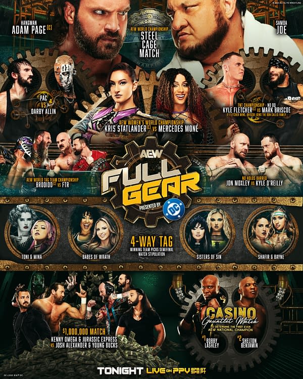 Promotional poster for the AEW Full Gear event, featuring various wrestlers and match details, including a steel cage match and championship bouts.