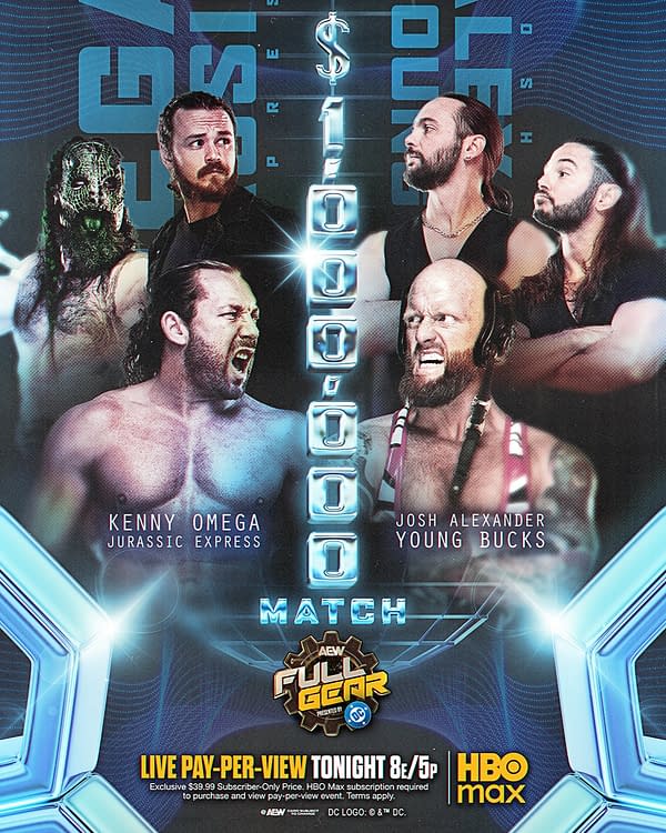 Promotional graphic for an AEW wrestling event featuring wrestlers Kenny Omega, Josh Alexander, and the Young Bucks. The image highlights a $1,000,000 match and includes logos for AEW and HBO Max.