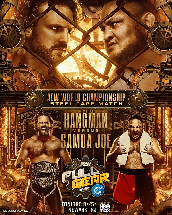 A promotional poster for the AEW Full Gear wrestling event featuring two muscular wrestlers, Hangman and Samoa Joe, facing each other through a steel cage. The background includes gears and a title announcing a championship match.