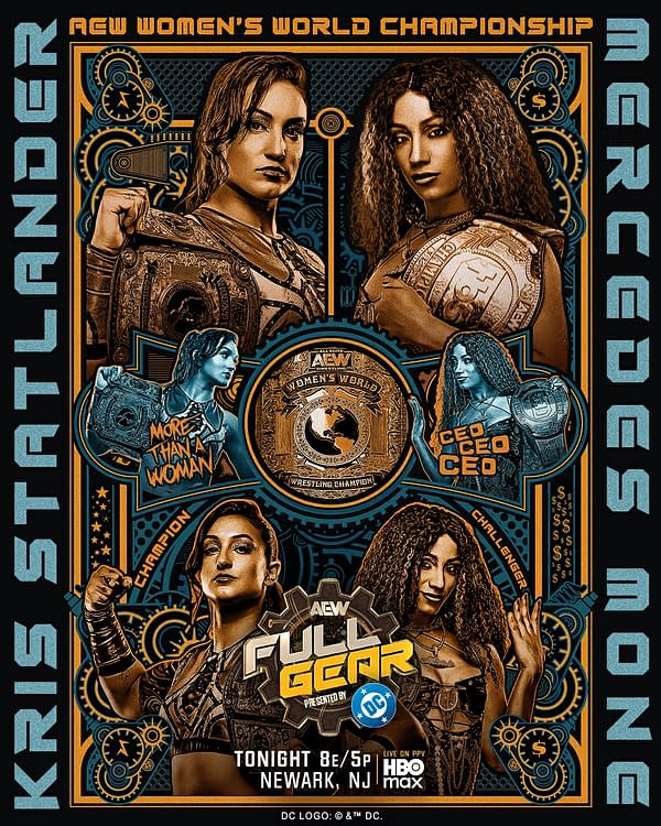 A promotional poster for the AEW Women's World Championship match featuring Kris Statlander as the champion and Mercedes Moné as the challenger. The design includes large, stylized text and imagery of championships, emphasizing the event details.