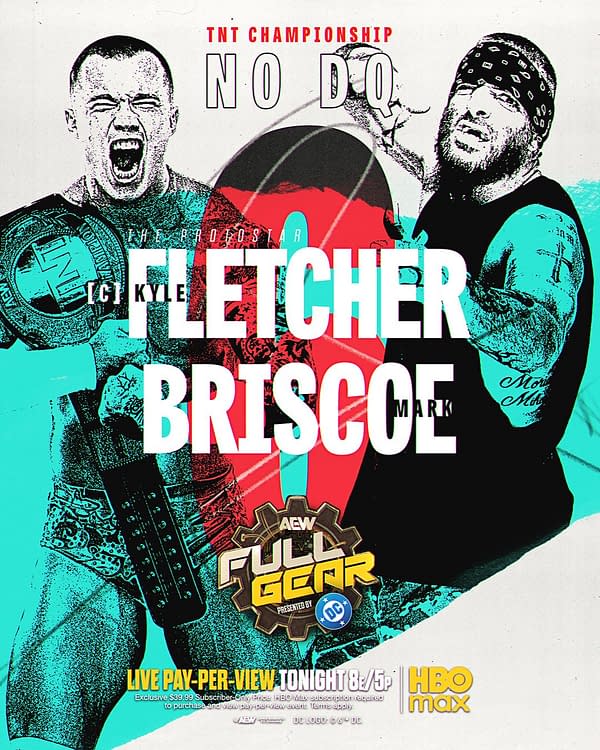 A promotional graphic for AEW Full Gear featuring wrestlers Fletcher and Briscoe. The design includes vibrant colors and bold text announcing a TNT Championship match with a 'No DQ' stipulation.