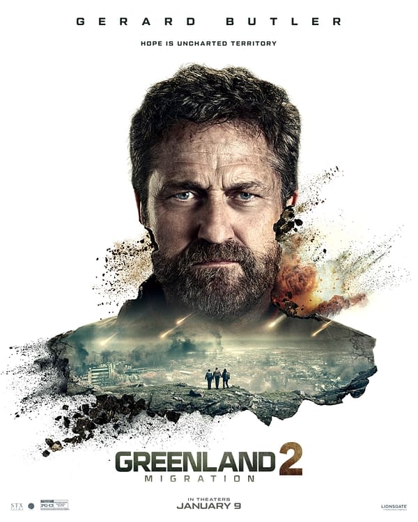 Movie poster for 'Greenland 2: Migration' featuring a close-up of a rugged man with a stern expression, portrayed by Gerard Butler. The background depicts a chaotic landscape with explosions and three figures running in the distance, emphasizing themes of survival and hope.