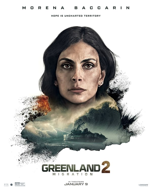 The promotional poster for 'Greenland 2: Migration' featuring a close-up of Morena Baccarin's face, accompanied by a dramatic background of stormy seas and a shipwreck. The text reads, 'Hope is uncharted territory' with the movie title and release date.