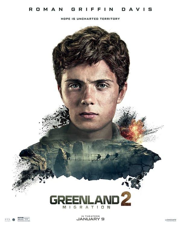 A movie poster for 'Greenland 2: Migration' featuring a close-up of a young man with a serious expression. The background shows dramatic rocky landscapes and a silhouette of people crossing a bridge, with the film's title and release date prominently displayed.