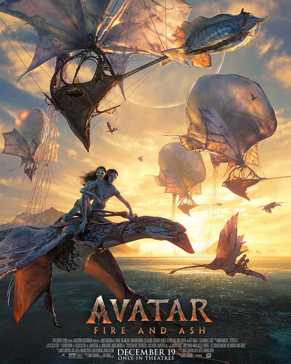 An illustrated movie poster for 'Avatar: Fire and Ash' features two characters riding a large creature over a shimmering sea, with fantastical flying ships in the sky and a colorful sunset in the background.