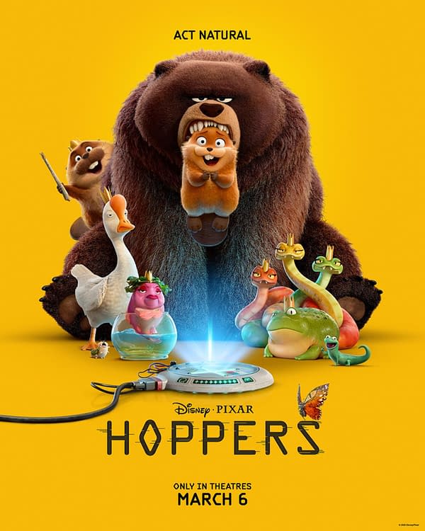 A colorful promotional illustration for the animated film 'Hoppers' featuring a large, furry bear in the center, holding a cheerful small animal. Surrounding them are various whimsical creatures, including a duck, frogs, and other characters, all set against a bright yellow background. The text 'ACT NATURAL' and 'Hoppers' appears prominently at the top and bottom of the image.