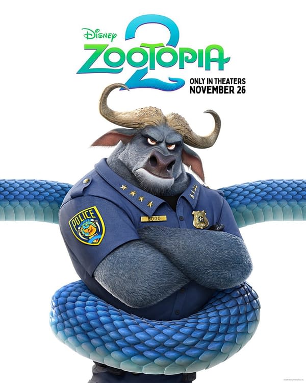A cartoon character from Disney's 'Zootopia 2,' depicted as a large, muscular bull in a police uniform, with a blue snake coiling around him. The character has a serious expression and is crossing his arms, accompanied by the text indicating the movie's release date and title.