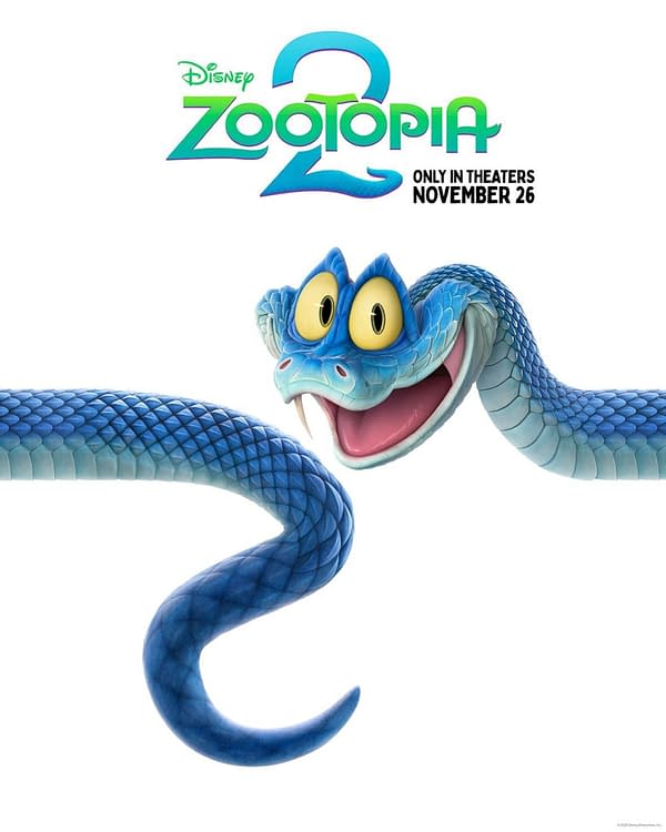 A cartoon illustration featuring a smiling blue snake, with large yellow eyes and a playful expression. The image is branded with the title 'Zootopia 2' and mentions its release date, November 26.