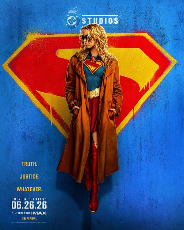 A promotional poster featuring Supergirl, wearing sunglasses and a brown coat over her iconic costume, stands in front of a vibrant blue background with a large red and yellow Superman emblem. The text at the bottom includes "Truth. Justice. Whatever." and release information for the film.