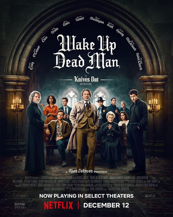 A promotional poster for the film "Wake Up Dead Man," featuring a diverse cast of characters in a dramatic, gothic setting. The title is prominently displayed at the top, and the release date for Netflix is noted at the bottom.