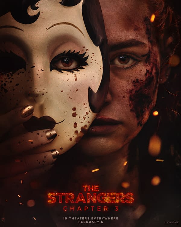 A promotional poster for 'The Strangers Chapter 3' featuring a masked figure partially obscured by a woman's face, who has visible scars and dirt, creating a haunting contrast. The film's title is prominently displayed in glowing orange letters at the bottom.