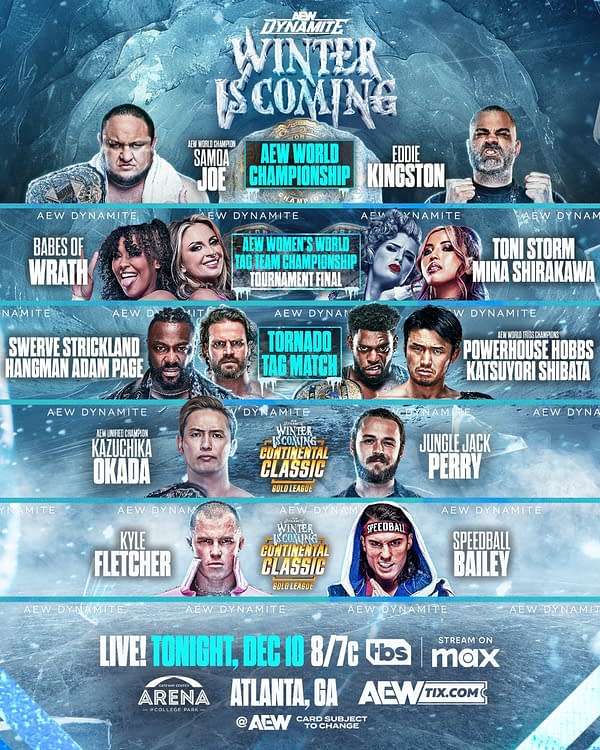 Promotional poster for AEW Dynamite's 'Winter is Coming' event featuring wrestlers like Samoa Joe, Eddie Kingston, and Kazuchika Okada. The vibrant design highlights key matches and event details.