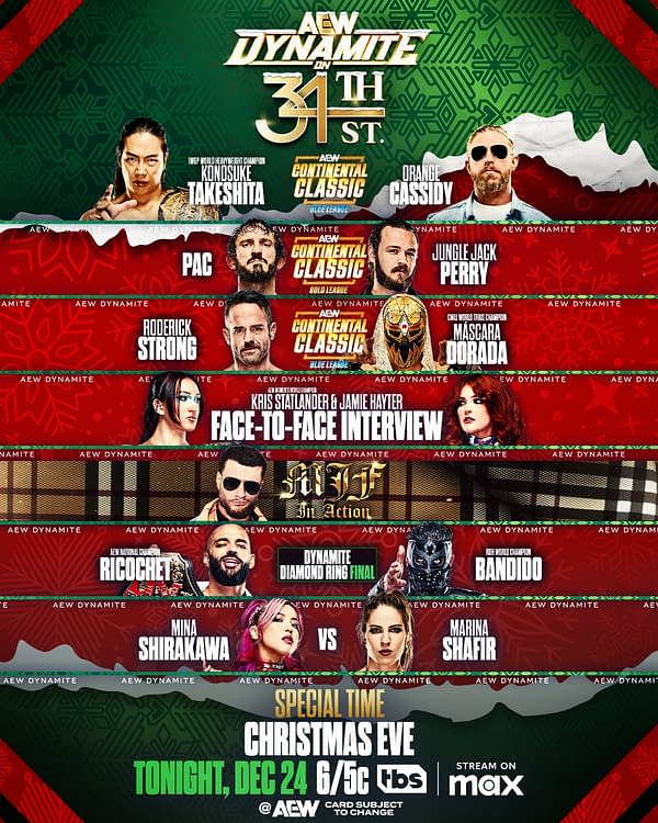A promotional poster for AEW Dynamite featuring wrestlers Konosuke Takeshita, Orange Cassidy, and others, set against a festive red and green background. Details include matchups, a face-to-face interview announcement, and a special 6 PM start time for Christmas Eve.